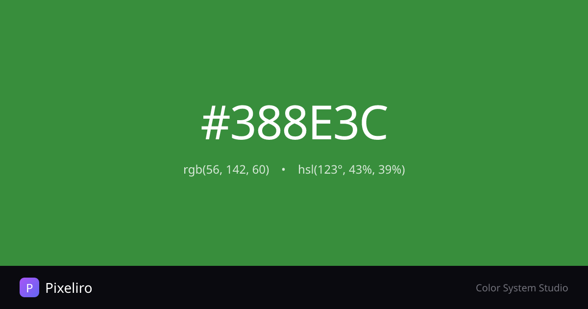 #388E3C Color - HEX, RGB, HSL Codes & Palettes
